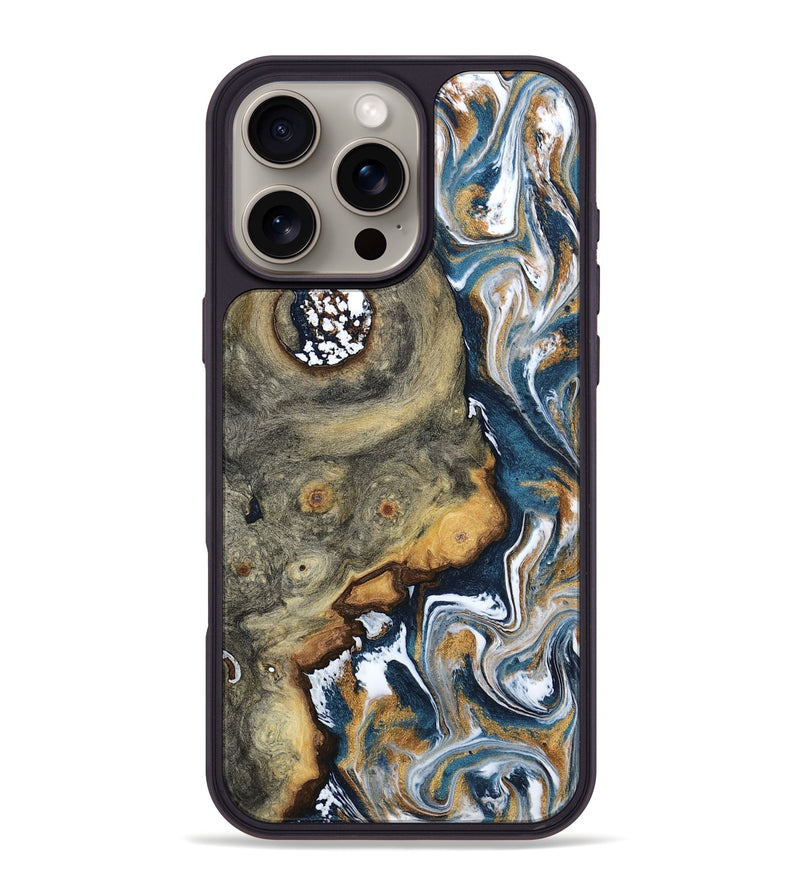 iPhone 16 Pro Max Wood Phone Case - Devonta (Teal & Gold, 800026)