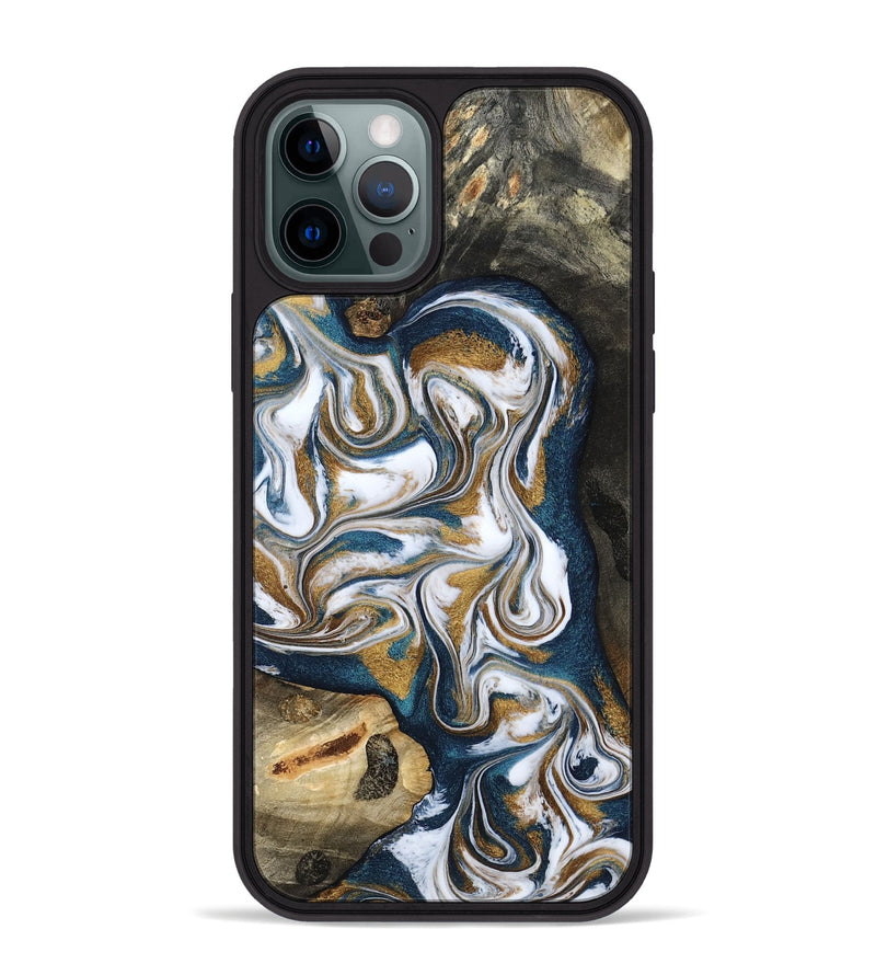 iPhone 12 Pro Max Wood Phone Case - Lue (Teal & Gold, 800045)
