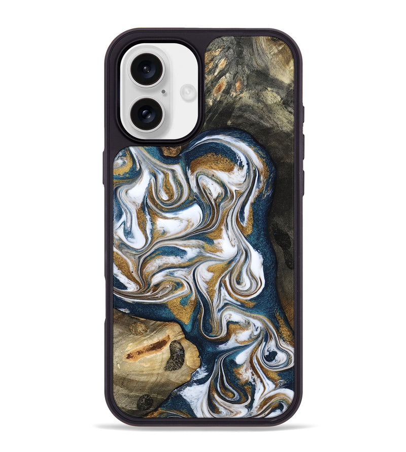 iPhone 16 Plus Wood Phone Case - Lue (Teal & Gold, 800045)