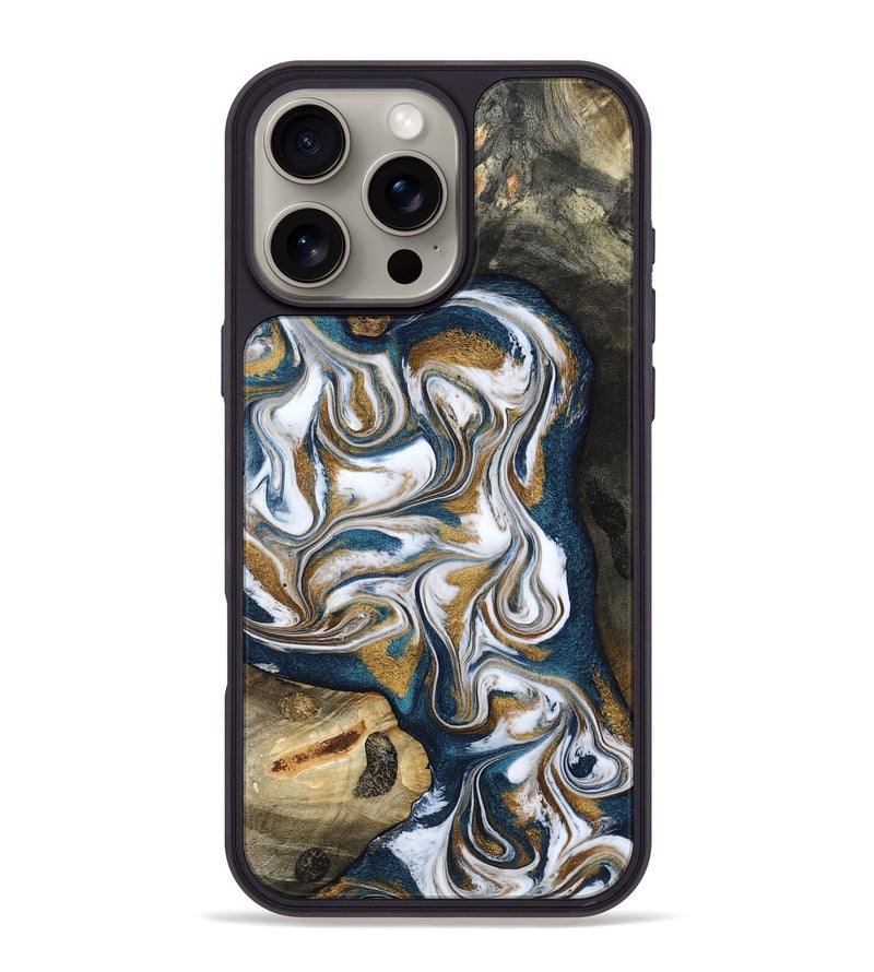 iPhone 16 Pro Max Wood Phone Case - Lue (Teal & Gold, 800045)