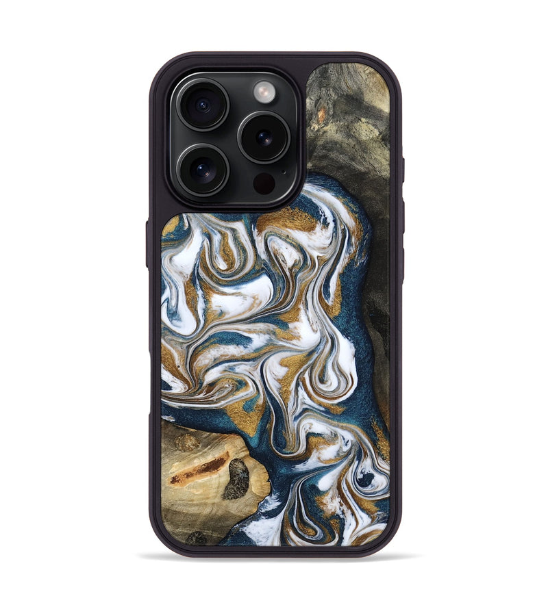 iPhone 16 Pro Wood Phone Case - Lue (Teal & Gold, 800045)