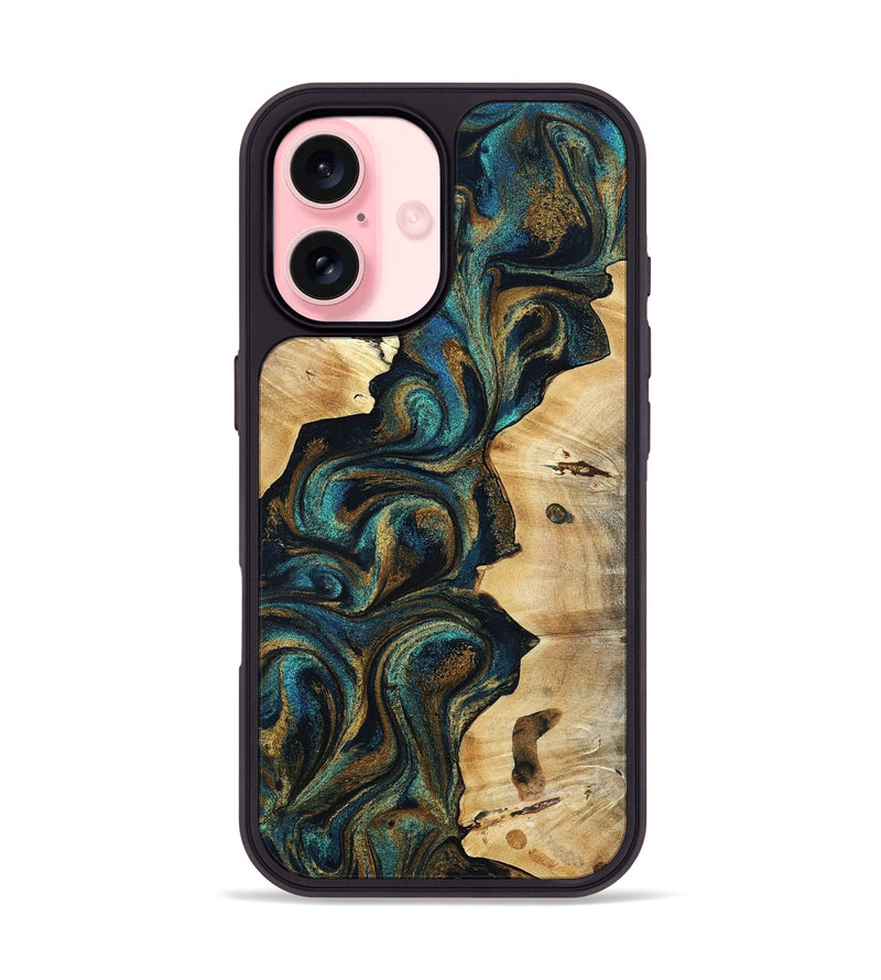 iPhone 16 Wood Phone Case - Kristin (Teal & Gold, 800046)