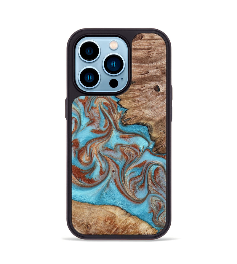 iPhone 14 Pro Wood Phone Case - Louie (Teal & Gold, 800048)