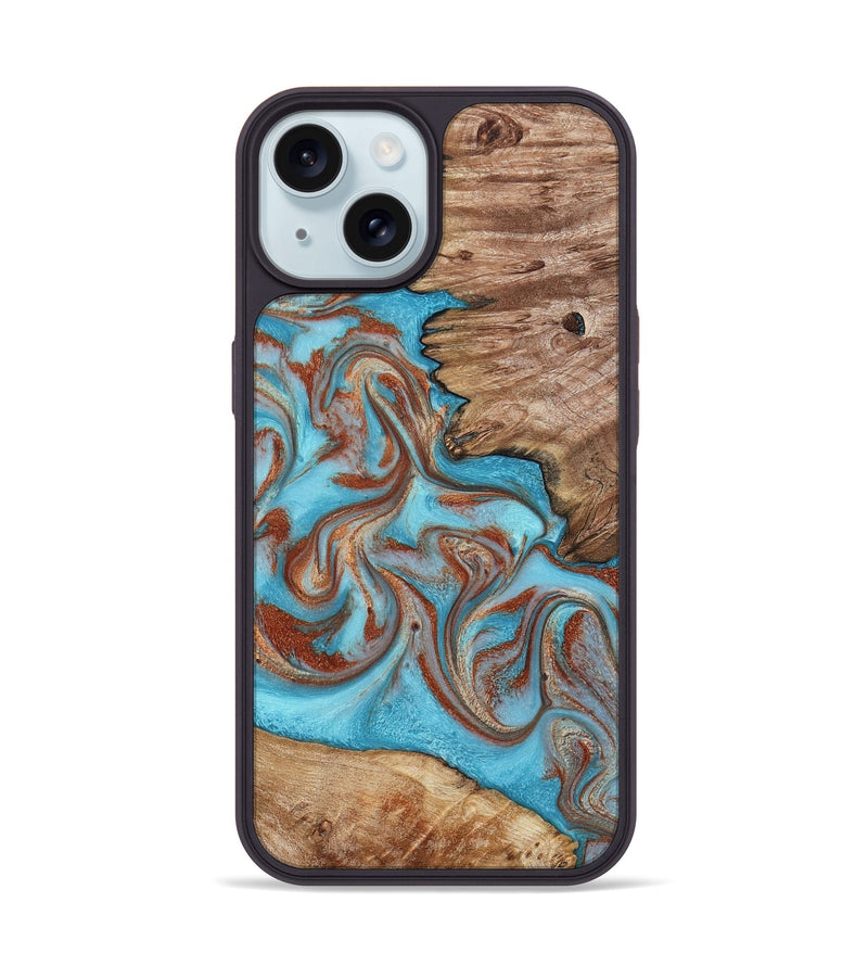 iPhone 15 Wood Phone Case - Louie (Teal & Gold, 800048)