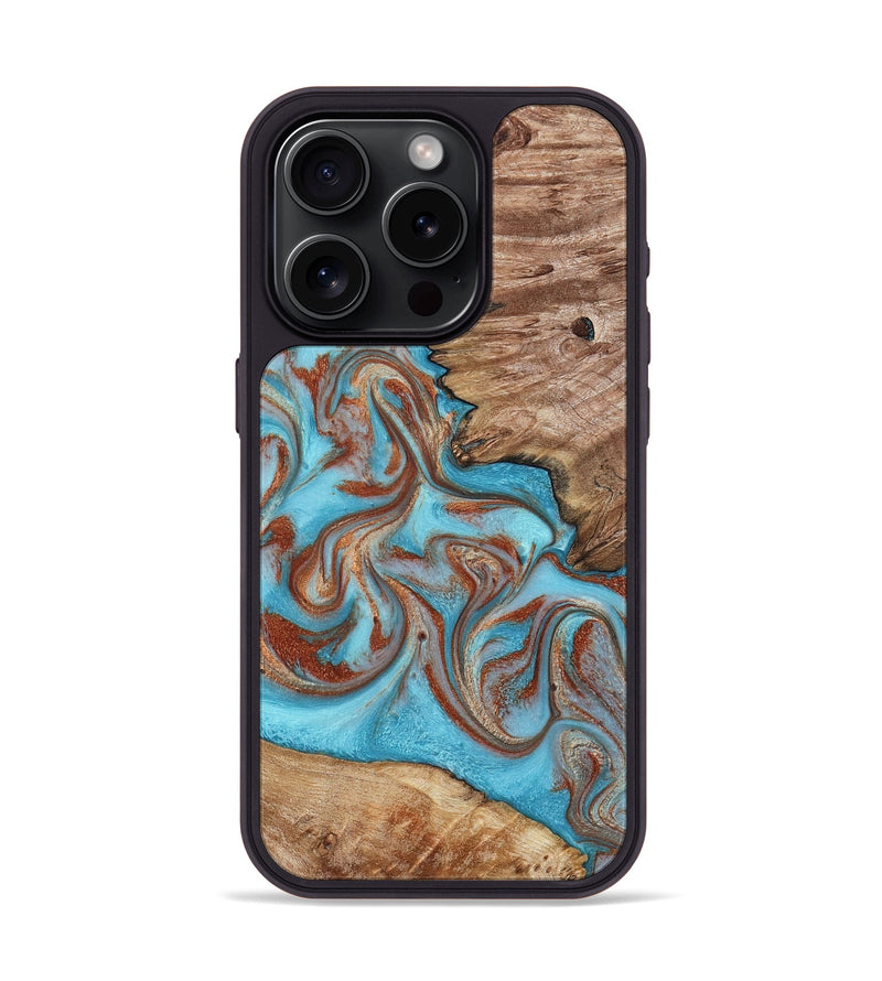iPhone 15 Pro Wood Phone Case - Louie (Teal & Gold, 800048)