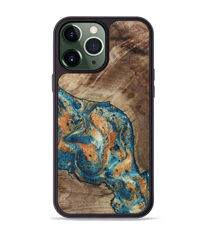 iPhone 13 Pro Max Wood Phone Case - Maura (Teal & Gold, 800049)
