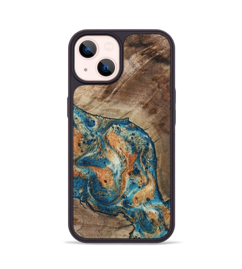 iPhone 14 Wood Phone Case - Maura (Teal & Gold, 800049)