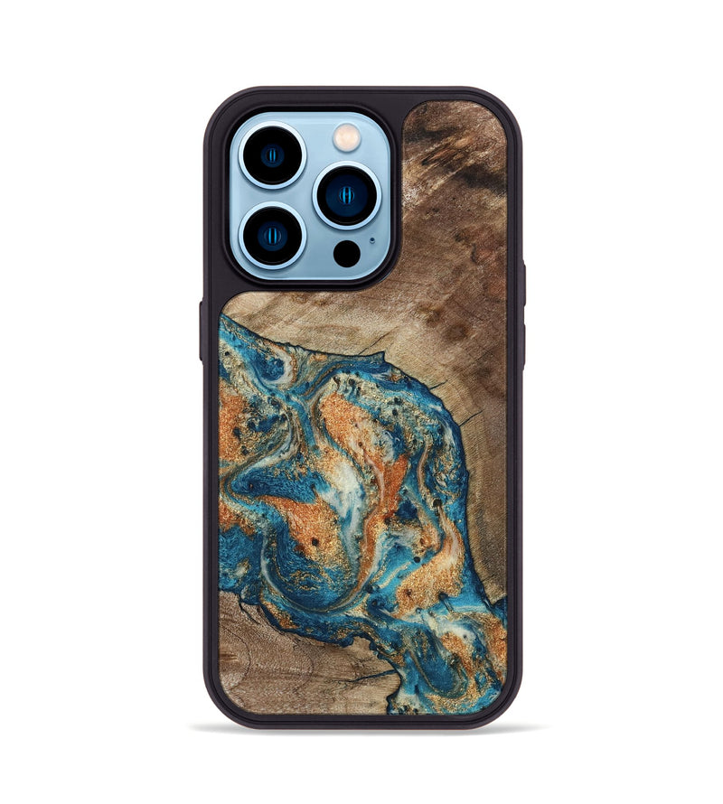 iPhone 14 Pro Wood Phone Case - Maura (Teal & Gold, 800049)