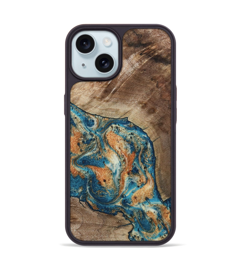 iPhone 15 Wood Phone Case - Maura (Teal & Gold, 800049)