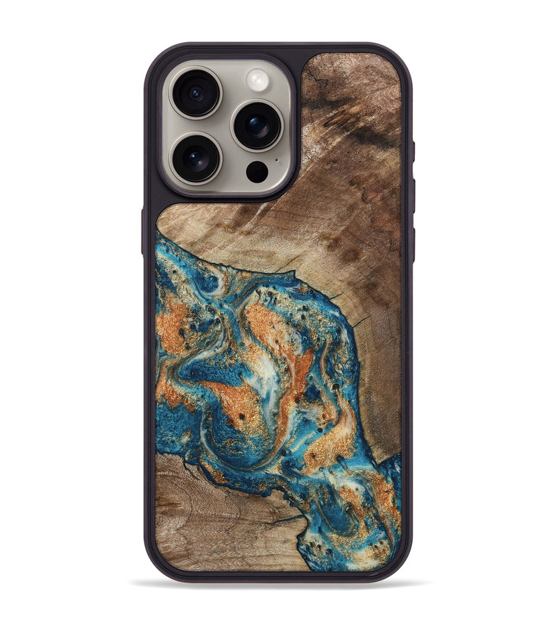 iPhone 15 Pro Max Wood Phone Case - Maura (Teal & Gold, 800049)