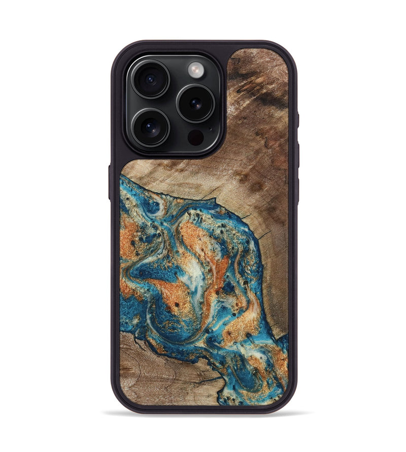 iPhone 15 Pro Wood Phone Case - Maura (Teal & Gold, 800049)
