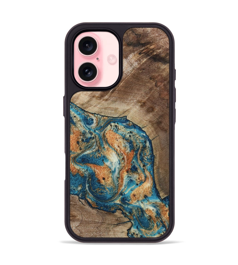 iPhone 16 Wood Phone Case - Maura (Teal & Gold, 800049)
