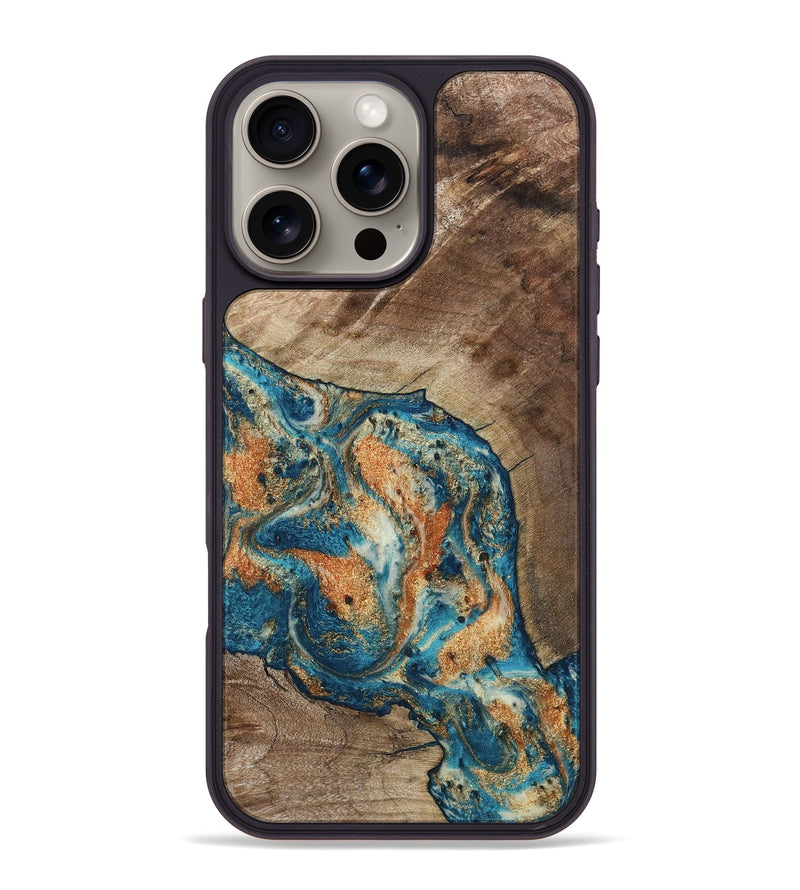 iPhone 16 Pro Max Wood Phone Case - Maura (Teal & Gold, 800049)