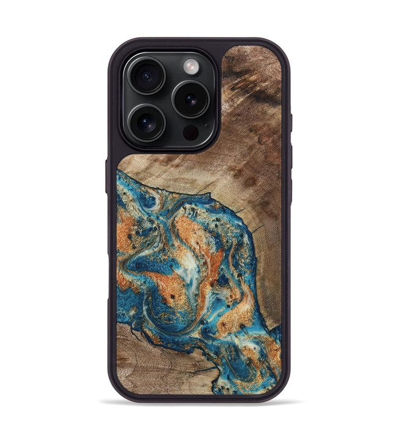 iPhone 16 Pro Wood Phone Case - Maura (Teal & Gold, 800049)