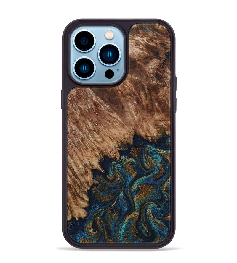 iPhone 14 Pro Max Wood Phone Case - Lylah (Teal & Gold, 800050)