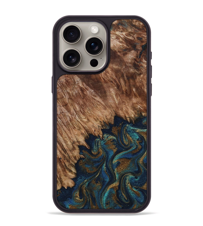 iPhone 15 Pro Max Wood Phone Case - Lylah (Teal & Gold, 800050)