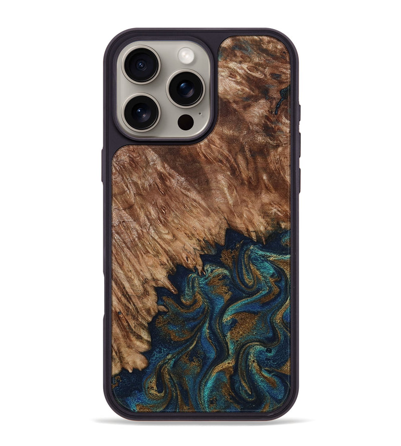 iPhone 16 Pro Max Wood Phone Case - Lylah (Teal & Gold, 800050)