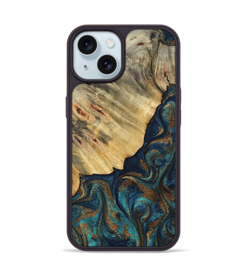 iPhone 15 Wood Phone Case - Burt (Teal & Gold, 800051)