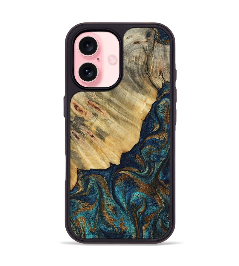 iPhone 16 Wood Phone Case - Burt (Teal & Gold, 800051)