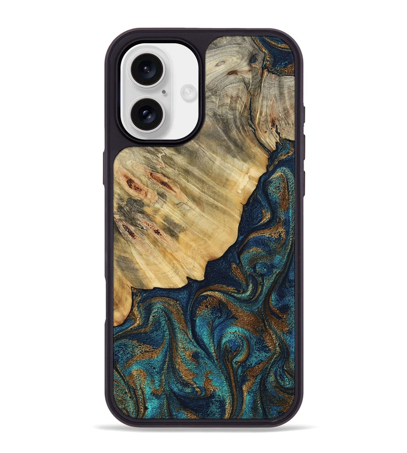 iPhone 16 Plus Wood Phone Case - Burt (Teal & Gold, 800051)