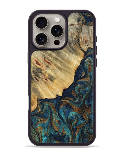 iPhone 16 Pro Max Wood Phone Case - Burt (Teal & Gold, 800051)