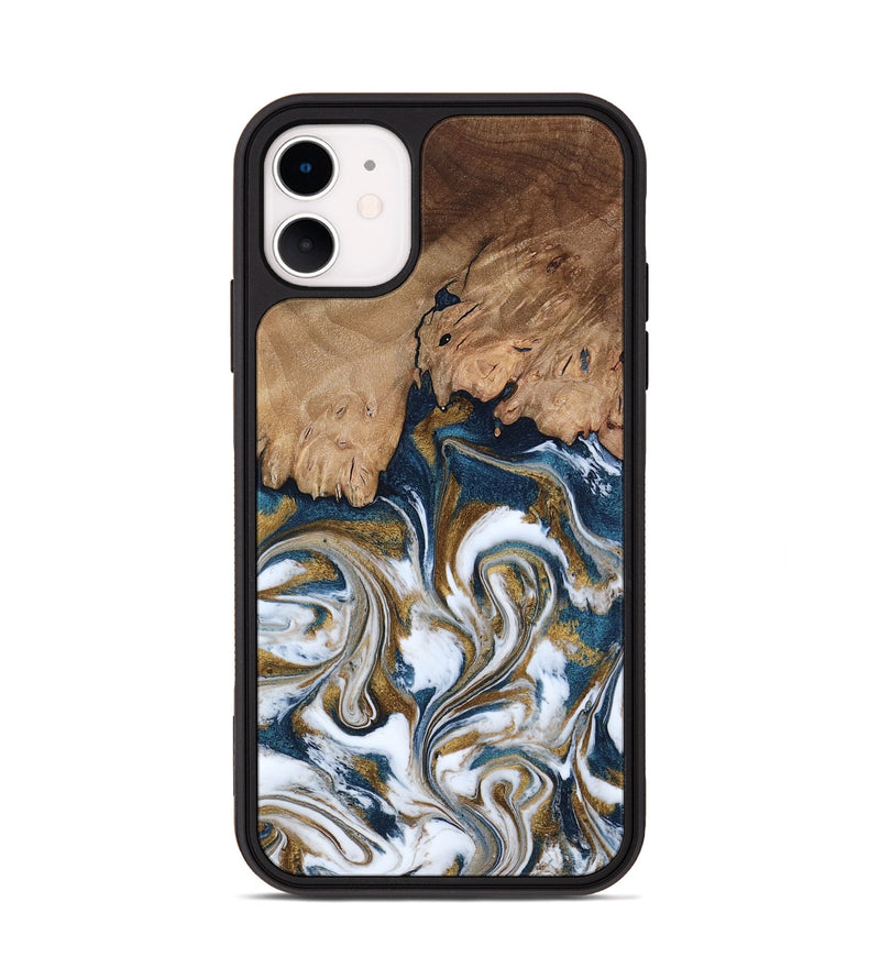 iPhone 11 Wood Phone Case - Kathi (Teal & Gold, 800052)