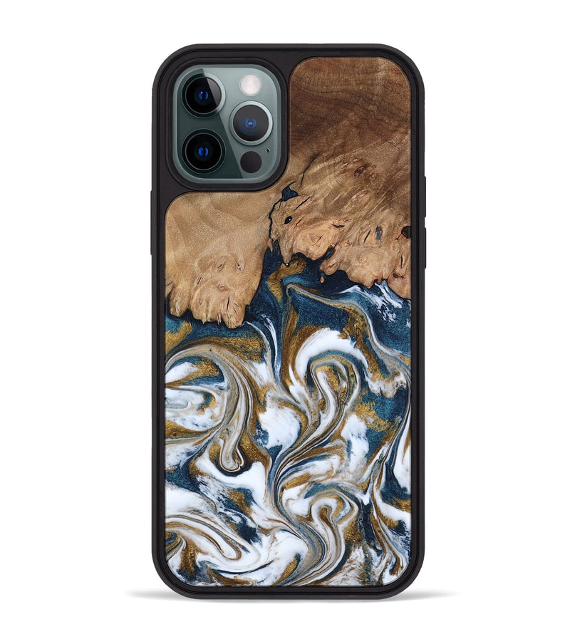 iPhone 12 Pro Max Wood Phone Case - Kathi (Teal & Gold, 800052)