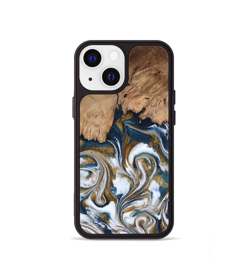 iPhone 13 mini Wood Phone Case - Kathi (Teal & Gold, 800052)