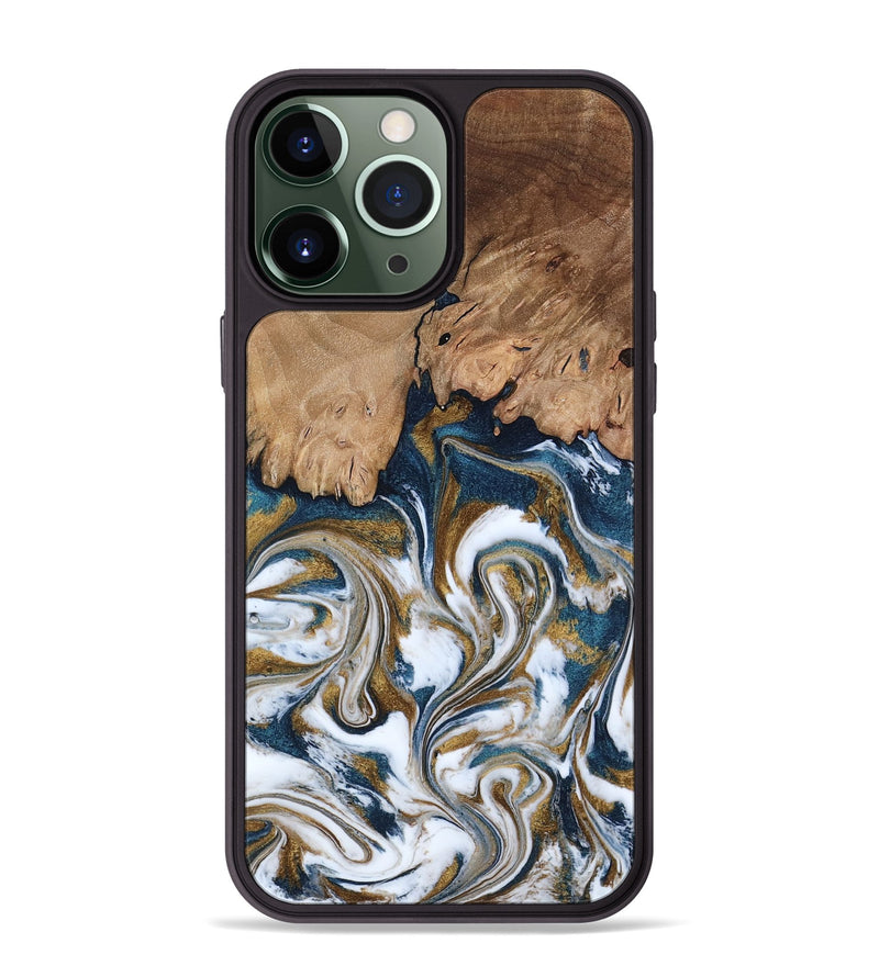iPhone 13 Pro Max Wood Phone Case - Kathi (Teal & Gold, 800052)