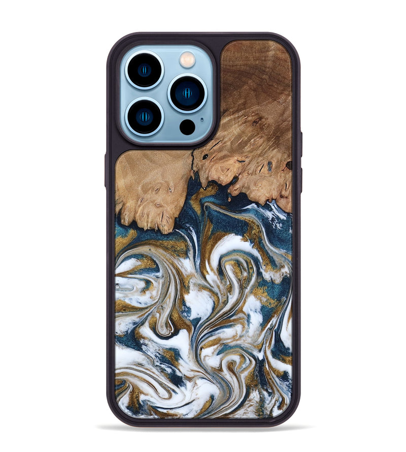 iPhone 14 Pro Max Wood Phone Case - Kathi (Teal & Gold, 800052)