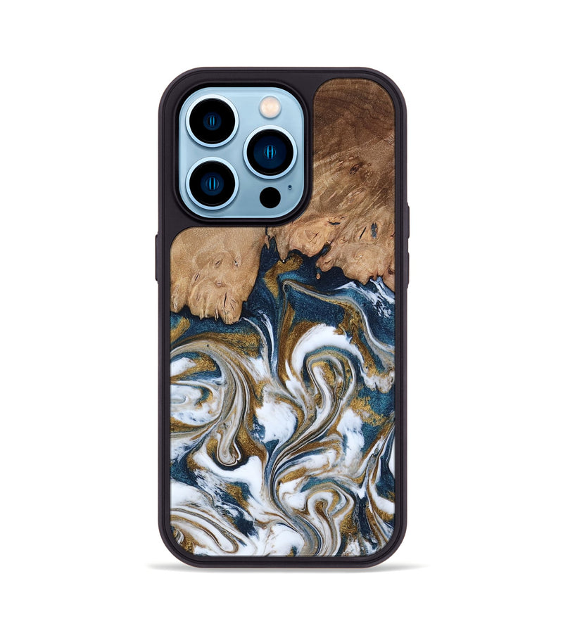 iPhone 14 Pro Wood Phone Case - Kathi (Teal & Gold, 800052)