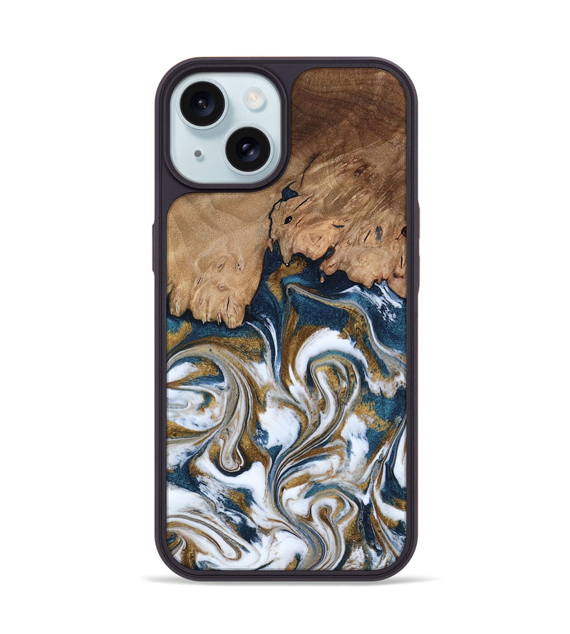iPhone 15 Wood Phone Case - Kathi (Teal & Gold, 800052)
