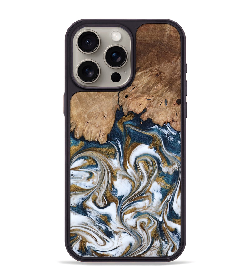 iPhone 15 Pro Max Wood Phone Case - Kathi (Teal & Gold, 800052)