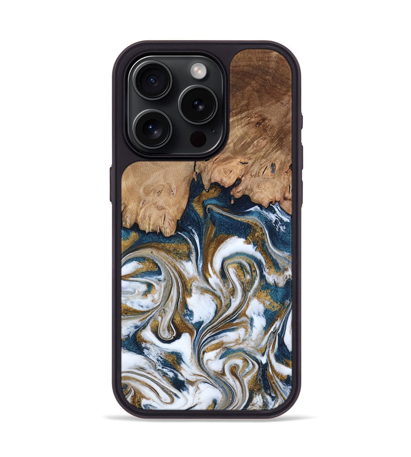 iPhone 15 Pro Wood Phone Case - Kathi (Teal & Gold, 800052)