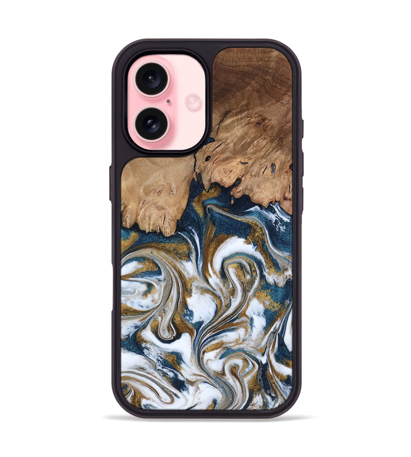 iPhone 16 Wood Phone Case - Kathi (Teal & Gold, 800052)