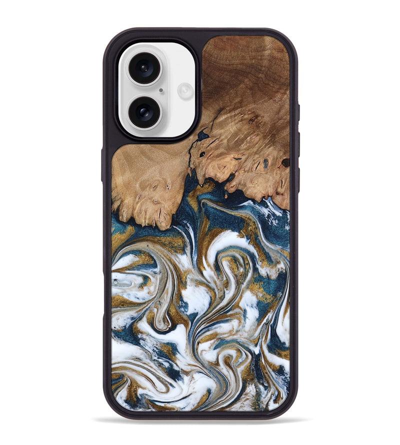 iPhone 16 Plus Wood Phone Case - Kathi (Teal & Gold, 800052)