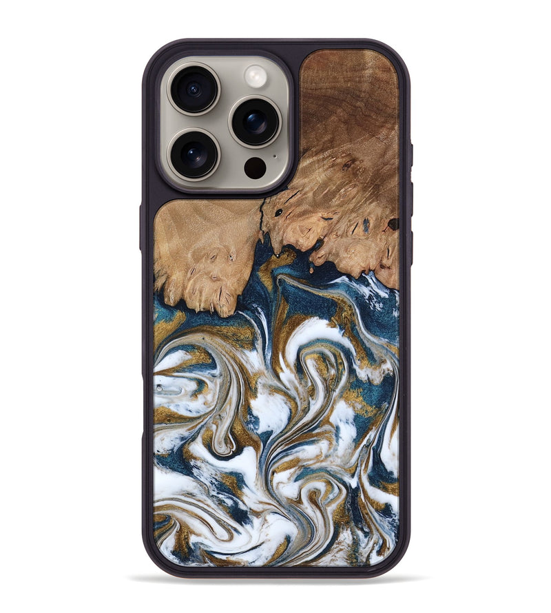 iPhone 16 Pro Max Wood Phone Case - Kathi (Teal & Gold, 800052)