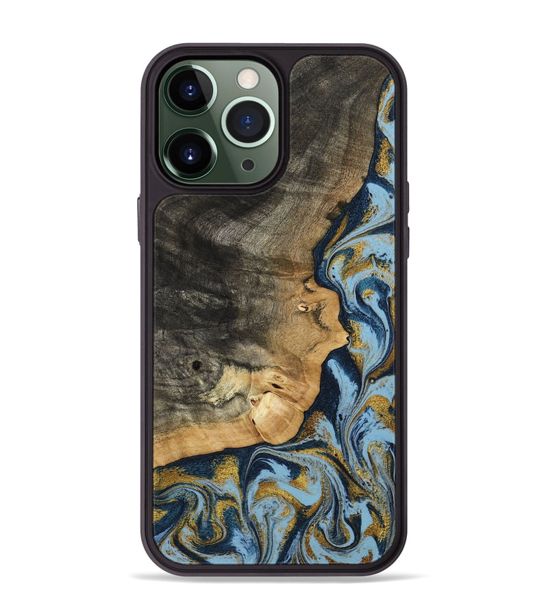 iPhone 13 Pro Max Wood Phone Case - Denis (Teal & Gold, 800053)