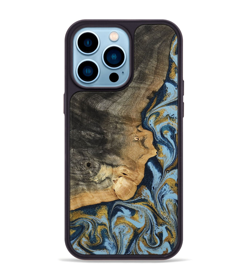 iPhone 14 Pro Max Wood Phone Case - Denis (Teal & Gold, 800053)