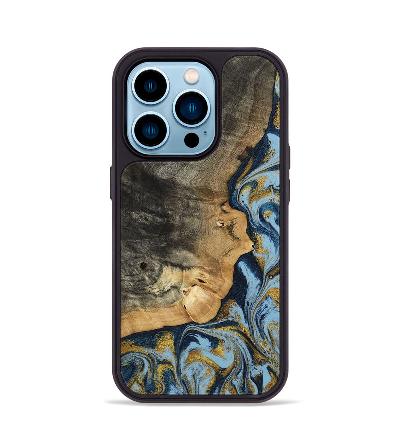 iPhone 14 Pro Wood Phone Case - Denis (Teal & Gold, 800053)