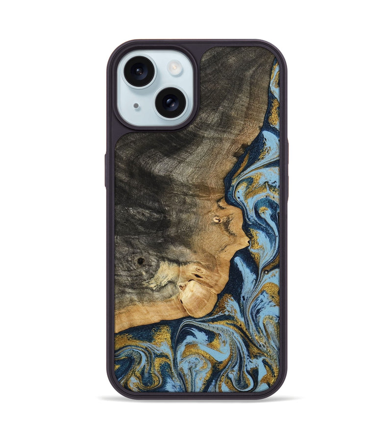 iPhone 15 Wood Phone Case - Denis (Teal & Gold, 800053)