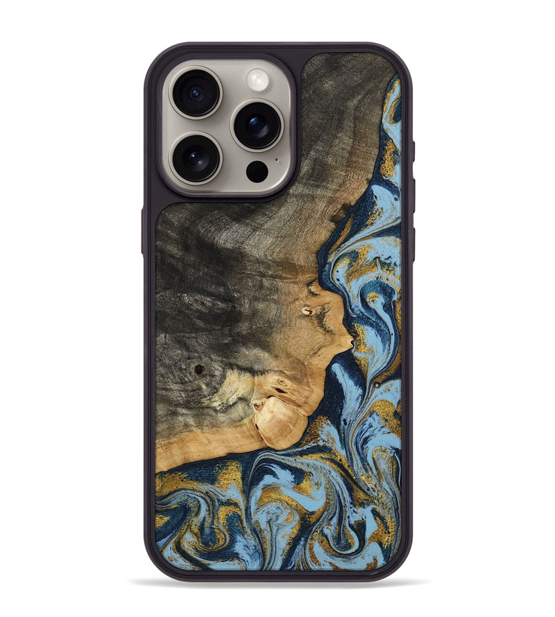 iPhone 15 Pro Max Wood Phone Case - Denis (Teal & Gold, 800053)