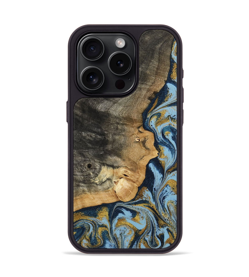 iPhone 15 Pro Wood Phone Case - Denis (Teal & Gold, 800053)