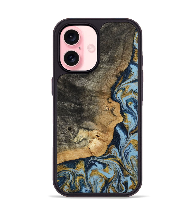 iPhone 16 Wood Phone Case - Denis (Teal & Gold, 800053)
