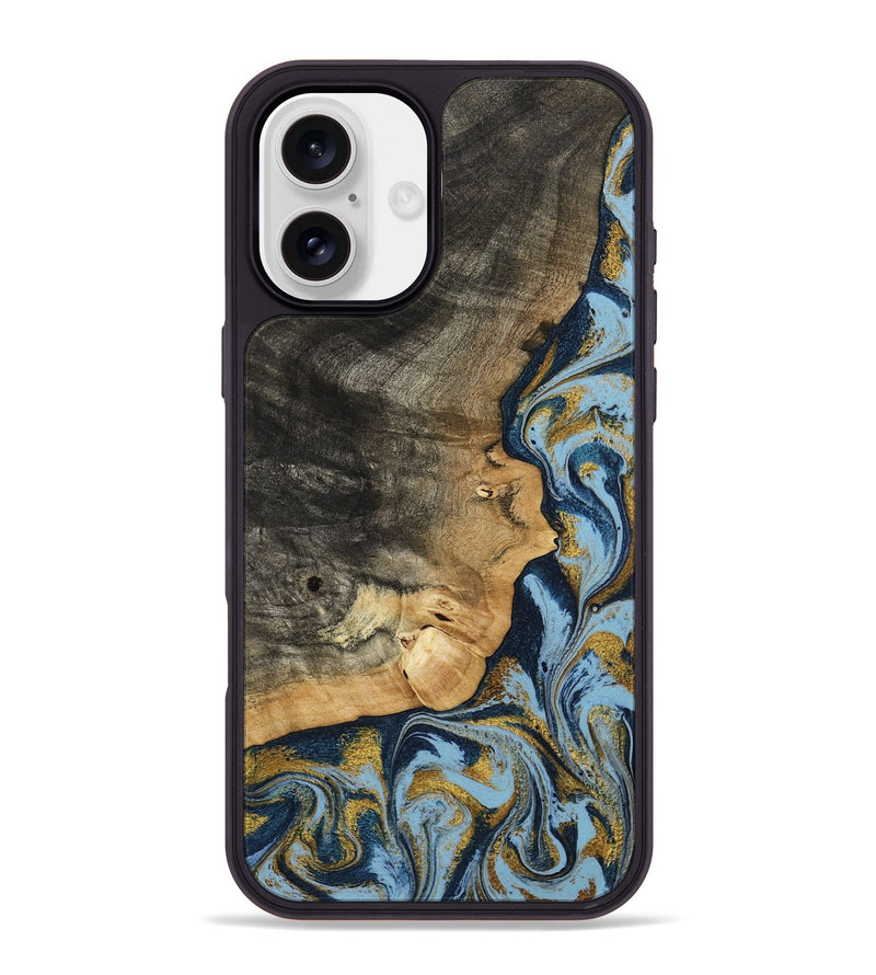 iPhone 16 Plus Wood Phone Case - Denis (Teal & Gold, 800053)
