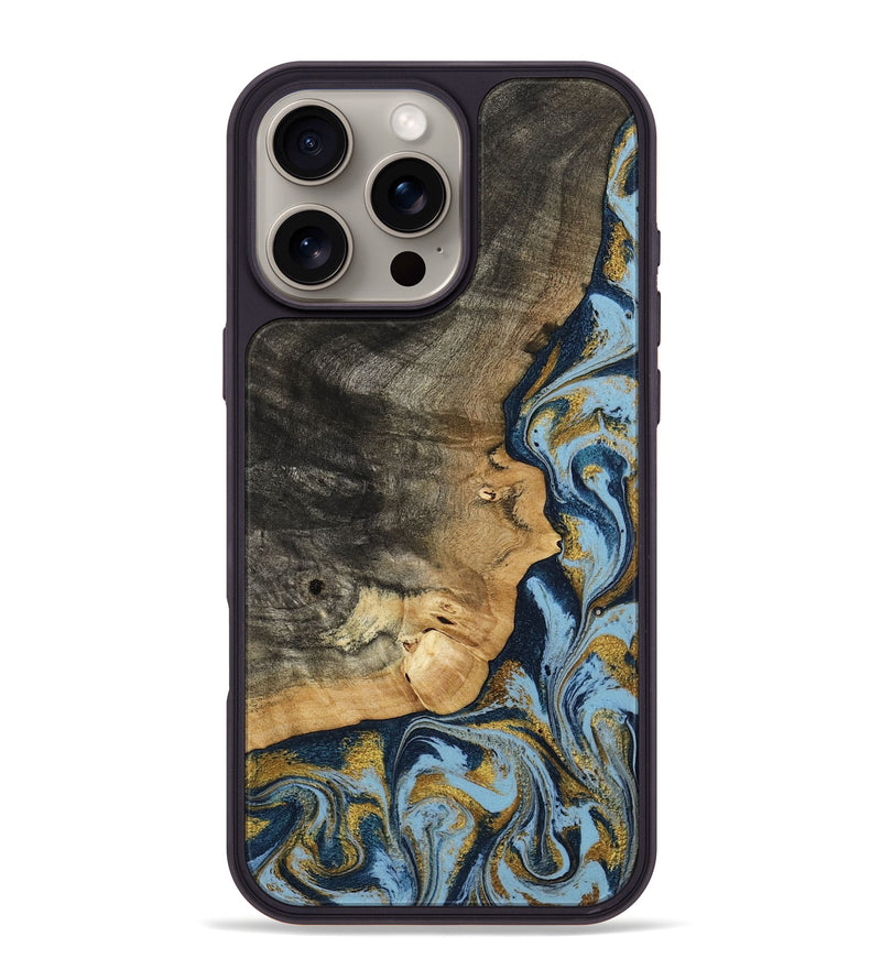 iPhone 16 Pro Max Wood Phone Case - Denis (Teal & Gold, 800053)
