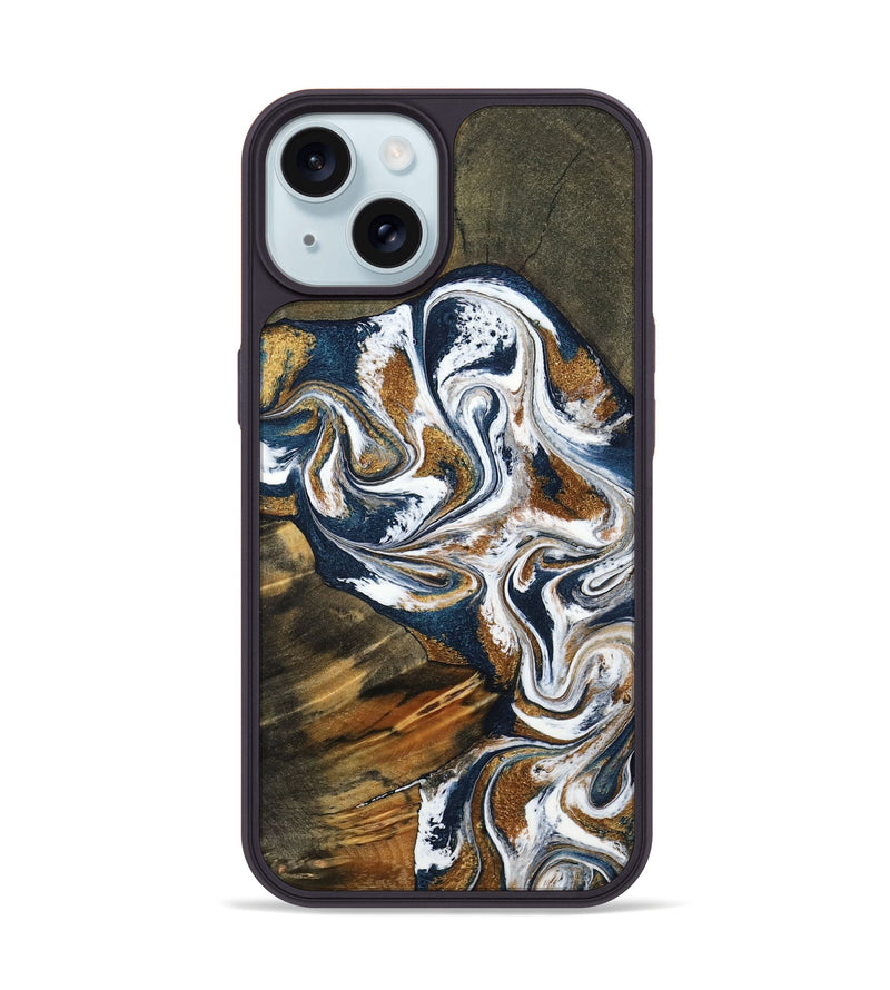 iPhone 15 Wood Phone Case - Kenyon (Teal & Gold, 800054)