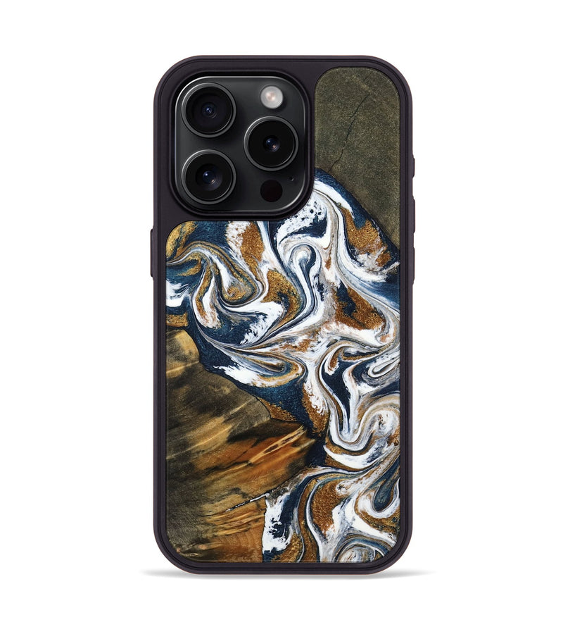 iPhone 15 Pro Wood Phone Case - Kenyon (Teal & Gold, 800054)