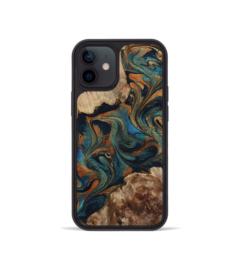 iPhone 12 mini Wood Phone Case - Kya (Teal & Gold, 800055)