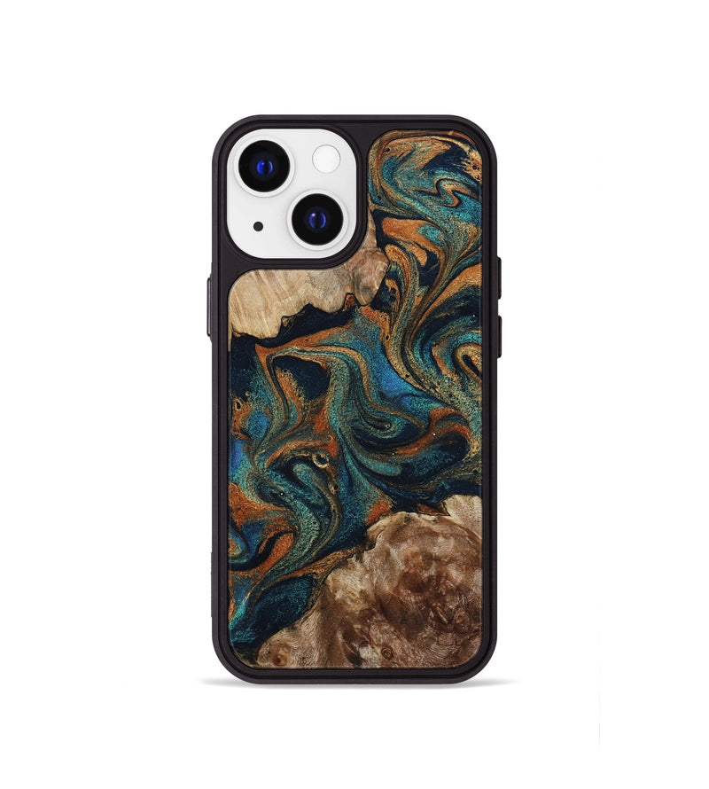 iPhone 13 mini Wood Phone Case - Kya (Teal & Gold, 800055)